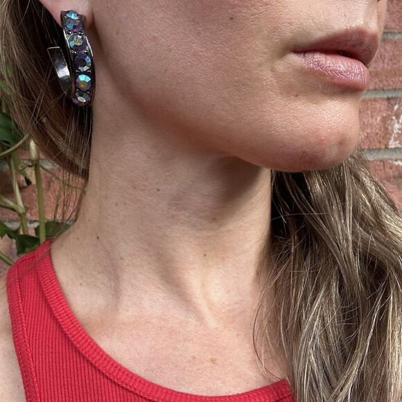 YSL Vintage Aurora Borealis Curved Hoop Earrings Crystal Rhinestone Signed 80s - Picture 2 of 16